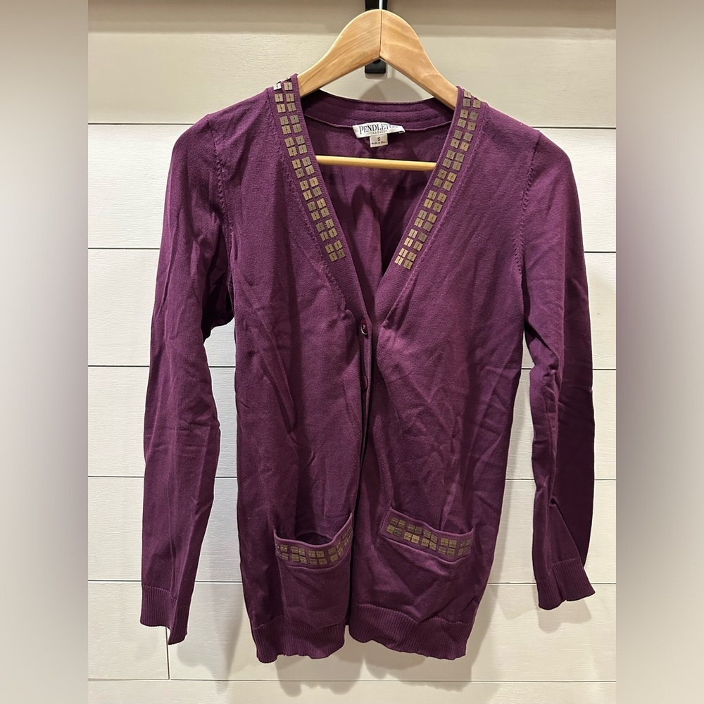 Pendleton Women’s Silk Purple Cardigan with Gold Accents- size Small Petite